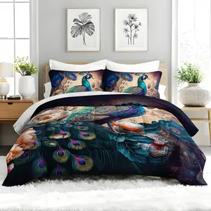 3pcs Peacock Feather Floral Comforter Set, Luxurious Exotic Bird Themed Duvet Set for Girls and Adults Bedroom or Guest Room Decor, Lightweight Soft All Seasons Comforter Machine Washable Microfiber Quilt with 2 Pillowcases, Gifts for the Family
