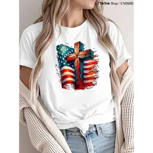 Plus Size Women's Patriotic USA Flag Graphic T-Shirt - 4th of July Summer Casual Short Sleeve Round Neck Tee, Retro American Flag Design, Machine Washable, Holiday Celebration Shirt | Classic Round Neck | Relaxed Fit Shirt