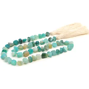 Agate Stone Hand Knotted Garland Modern Farmhouse Rustic Table Home Decor, 30inch Meditation Accessories with Tassel, Prayer Healing Beads Boho Wall Shelf Hanging Decoration (Lime Green)