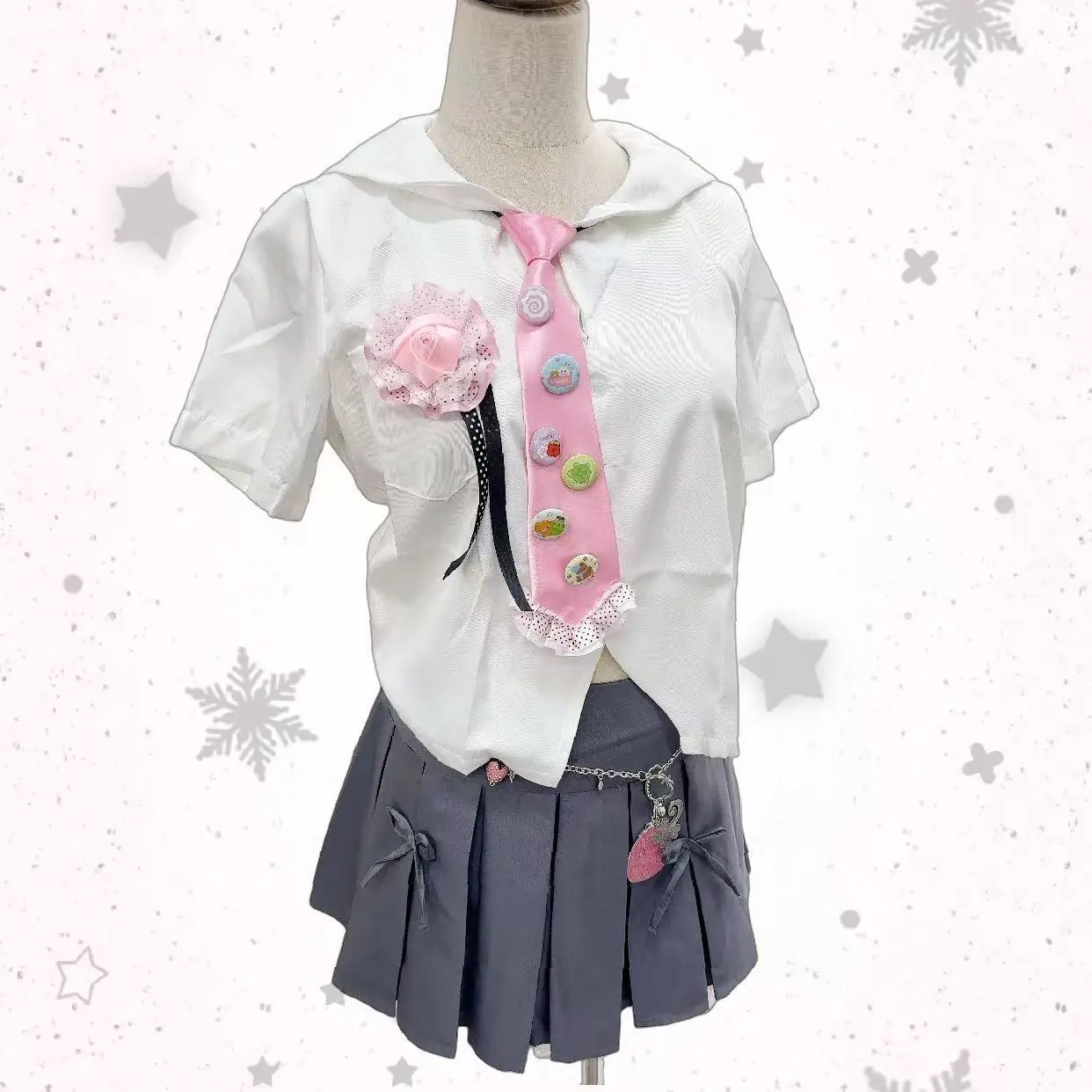 Ruffle Edge No-Tie Necktie in Pastel Pink and Blue, Harajuku Style Silk/Satin Accessory for Unisex Wear with Playful Anime Pins, Cartoon, Casual Daily, Playful Charm