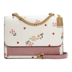 COACH Klare 22 Heart and Floral Print Flap Chain Handbag – Coated Canvas and Leather Accordion Bag for Women, Pink and White