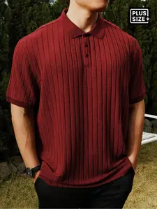 [Plus Size] Men's Ribbed Polo Shirt, Loose Knit Collar Striped Knit Lapel Shirt, Mens Solid Color Jacquard Knit Polo Shirt, Men's Clothing, Casual Textured Short Sleeved Button Knit Bowling Shirt, Men's Top, Suitable For Daily Travel, Knitted
