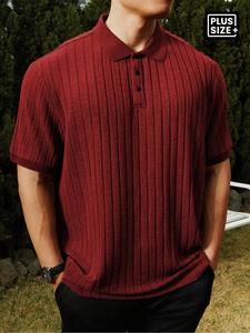 【Plus Size】Men's Ribbed Polo Shirt, Loose Knit Collar Striped Knit Lapel Shirt, Mens Solid Color Jacquard Knit Polo Shirt, Men's Clothing, Casual Textured Short Sleeved Button Knit Bowling Shirt, Men's Top, Suitable For Daily Travel