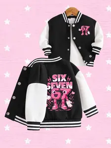 Girls' Fun 67 Number Cartoon Robot Print Jacket, Block Trendy Baseball Coat, All-Season Versatile Top, School Daily Outdoor Wear