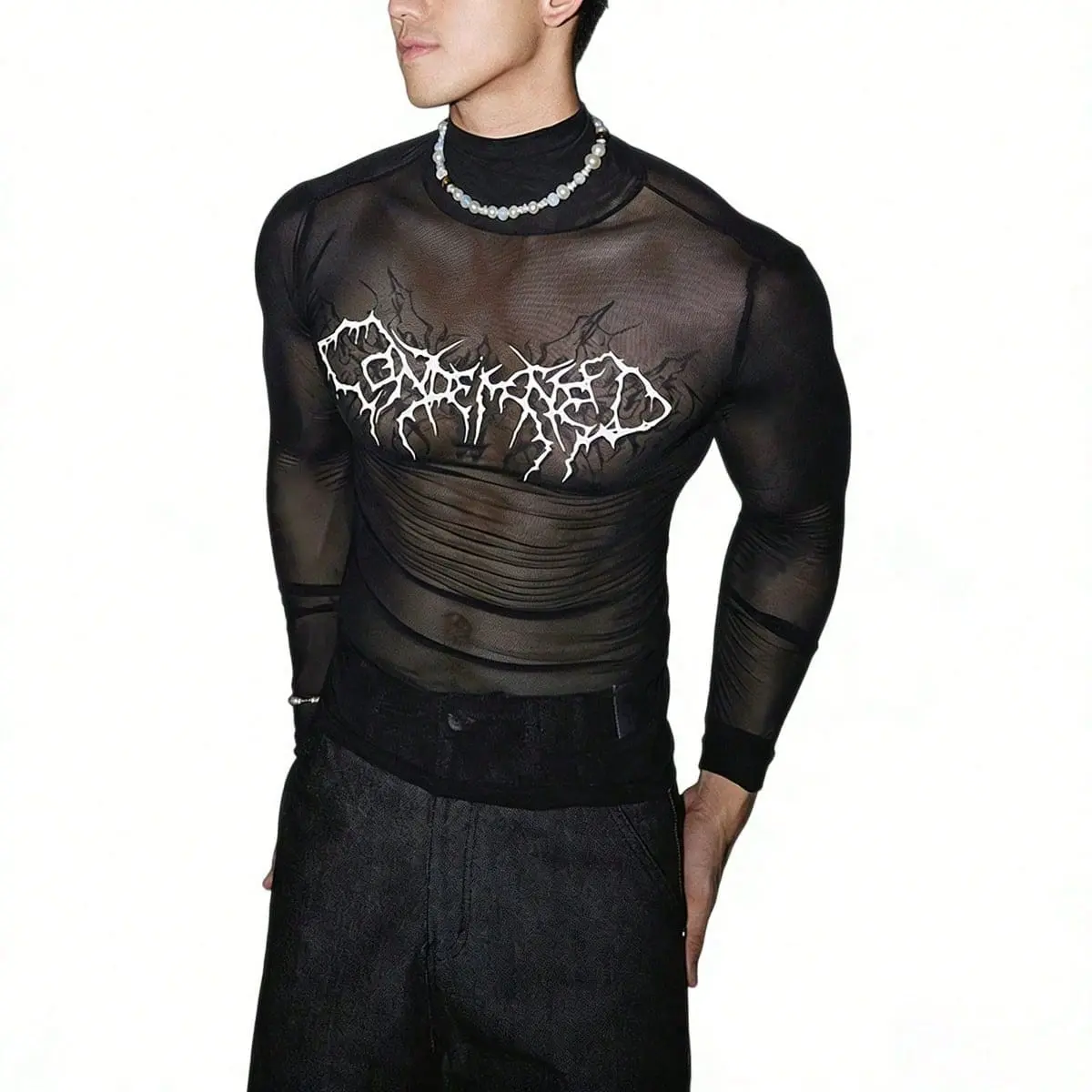 INCERUN Men Stand Collar Long Sleeve Printed Mesh Sheer Casual Shirts Summer Party Club Regular Fit T-Shirt Tops Shirt
