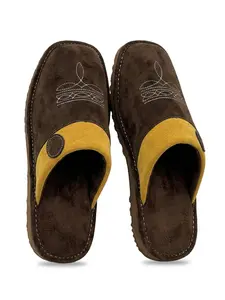 Western Suede Slippers with Boot Stitch – Square Toe House Shoes for Men & Women, Indoor Outdoor