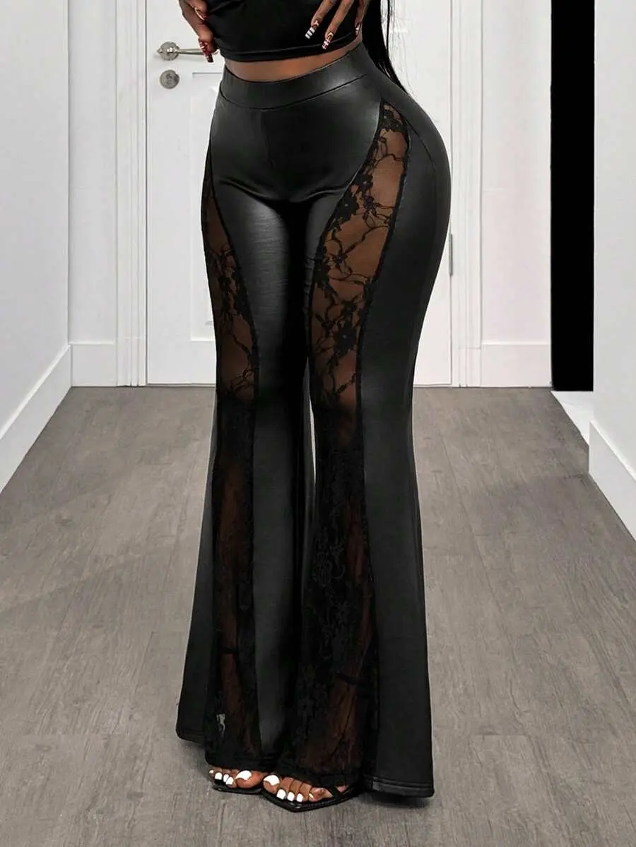 Womens PU Leather Wide Leg Pants, High Waist Lace Sheer Patchwork Trousers, Long Pants with Elegant Lace Detail, Y2K Punk Streetwear Style, Casual Going Out Outfit, Party Clubwear, Fall Winter Fashion, Trendy Womens Pants