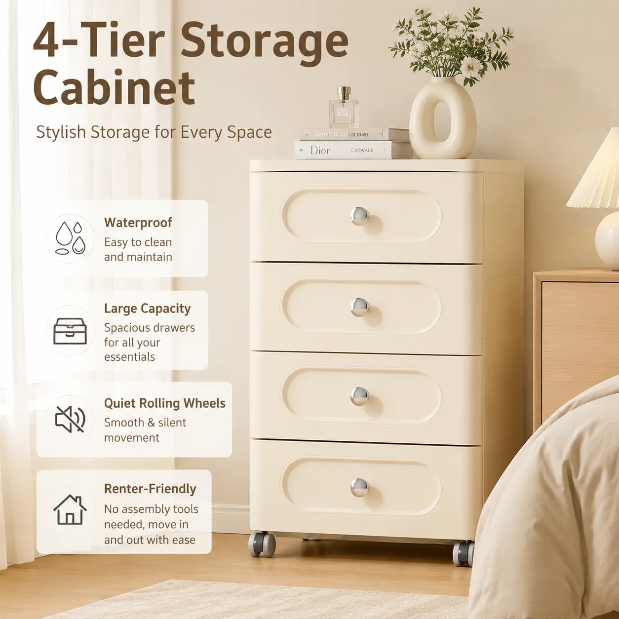 4-Drawer Rectangle Rolling Storage Rack Organizer - Durable Waterproof Slim Floor-Mount Unit with Roller Base, Silent Wheels, 5 Deep Drawers, Bathroom-Ready USA Home Organizer for Baby Nursery, Small Spaces