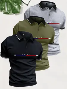 3 Pack Men's Summer Paris Letter Pattern Printed Short Sleeve Button Turn-down Collar Polo Shirt Simple Retro Beach Vacation Casual Sports Outing Top Commuting Work Golf Gift for Boyfriend or Husband SpringStatements