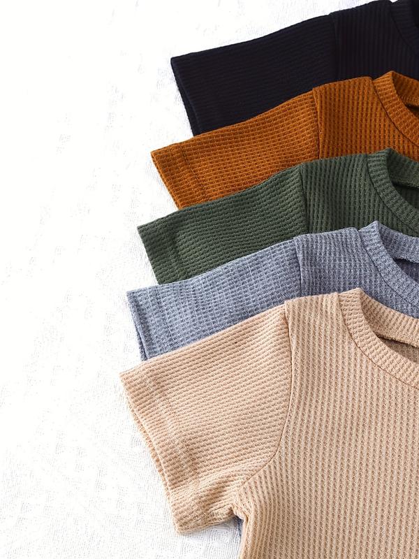 Boys' Casual Waffle Knit Short Sleeve Shorts Set, Soft Comfortable Plain Color, 10 Piece Set, Perfect for Daily Wear