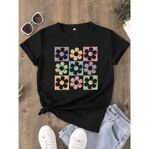 Short Sleeve Floral Print Crew Neck T-shirt, Casual Top For Summer & Spring, Women's Clothing
