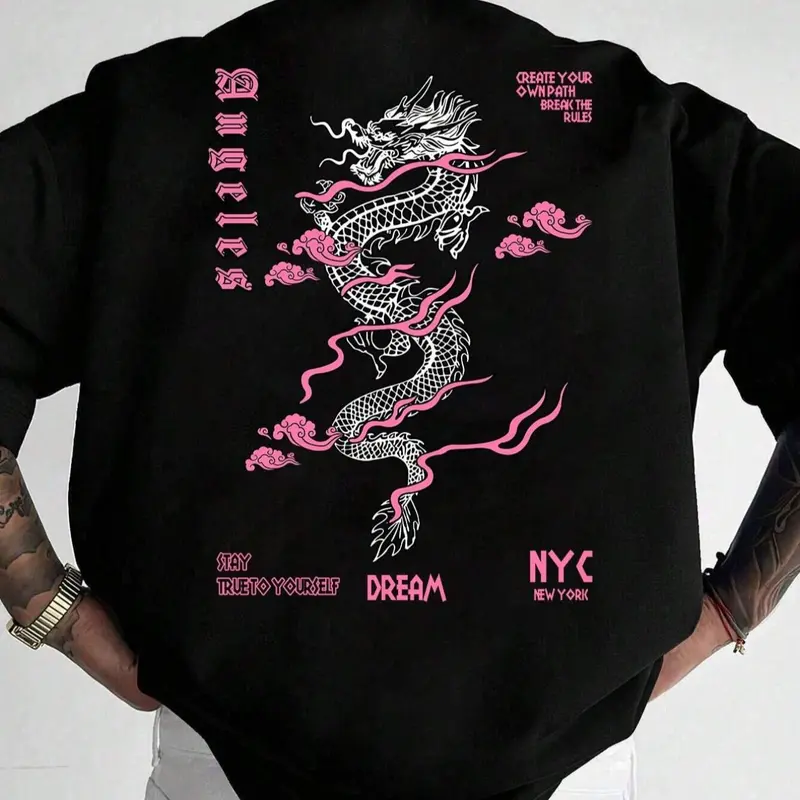 Men's Dragon Graphic Round Neck Casual Crew Neck Short Sleeve Sleep Tee, Casual Trendy Tee, Regular Fit Casual Soft Comfortable T-shirt for Summer for Daily Wear, Sleepwear & Homewear, Apparel T Shirt, Printed T Shirt