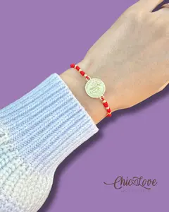 San Benito Adjustable Red String Bracelet, 18K Gold Plated Brass Medal, Golden Beads