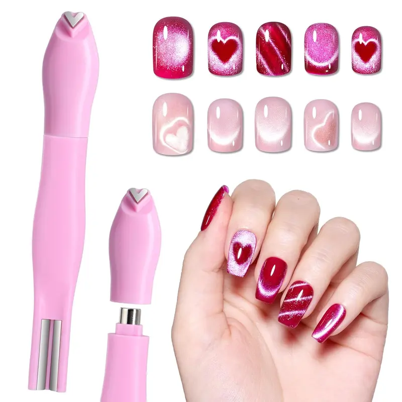 Beetles 3-in-1 Magnet Design Metallic Cat Eye Nail Art Pen - 3 Tips, Heart, French, Stripe, Glass Bead, Side Light, Wide Light Effects, Hover Apply, Trendy Hip-Hop Basics, Home DIY Manicure Tool (Nails Done in Minutes)
