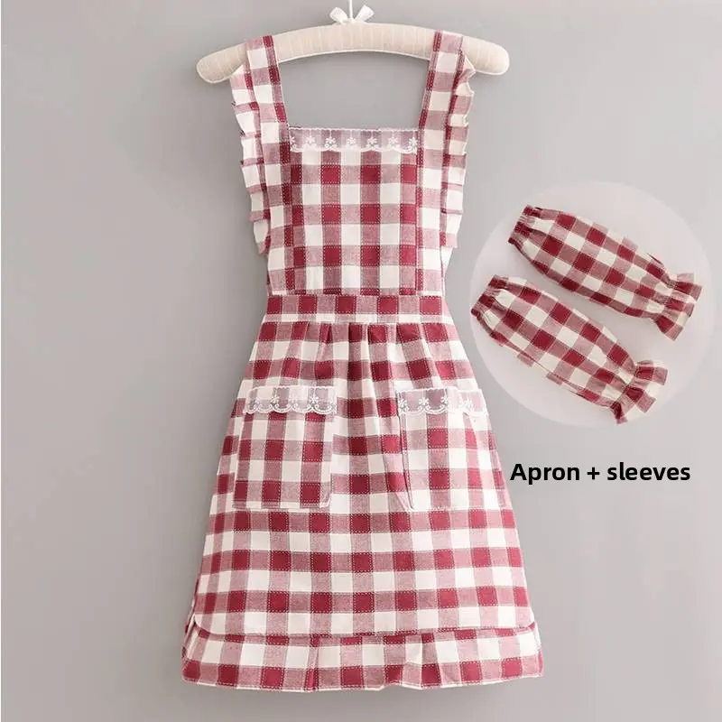 Red Plaid Apron with Sleeves Set, Cute Cotton Kitchen Apron with Pockets, Waterproof Cooking Apron for Women, Baking/Grilling/Hostess Gift