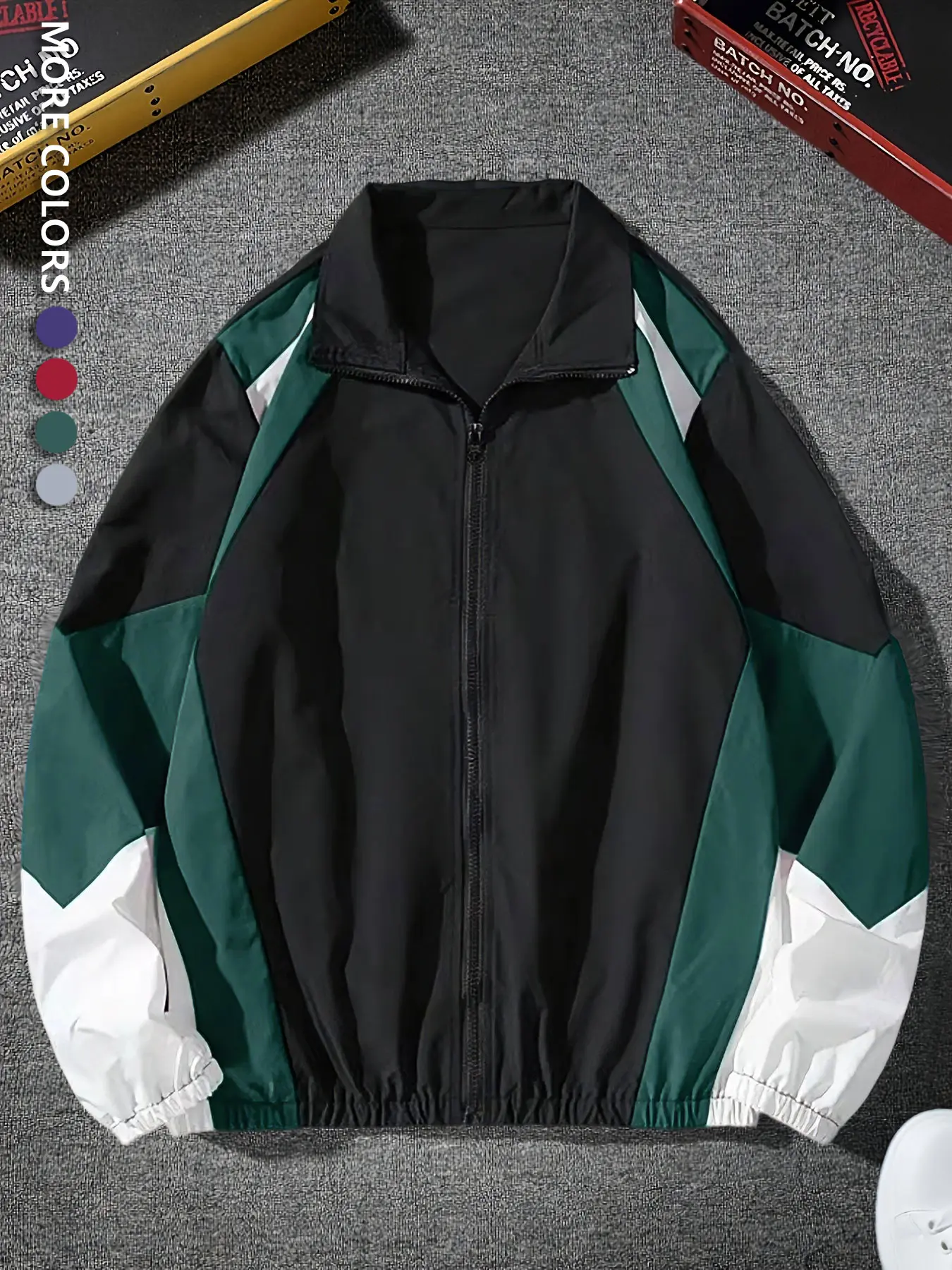 Men’s Color-Block Zip-Up Track Jacket - Casual Fashion Menswear Stand Collar Loose-Fit Outerwear Coats with Elastic Cuffs, Contrast Binding, 90s Retro Streetwear Vibe, Suitable for Daily Wear, Sports Tops