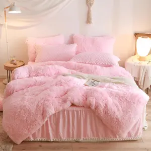 Fluffy Pink Comforter Cover Twin Set, Fuzzy Pink Girls Twin Bedding Set 2 Pieces (1 Plush Duvet Cover + 1 Furry Plush Pillow Cases) Girls Shaggy Bed Set, Zipper Closure