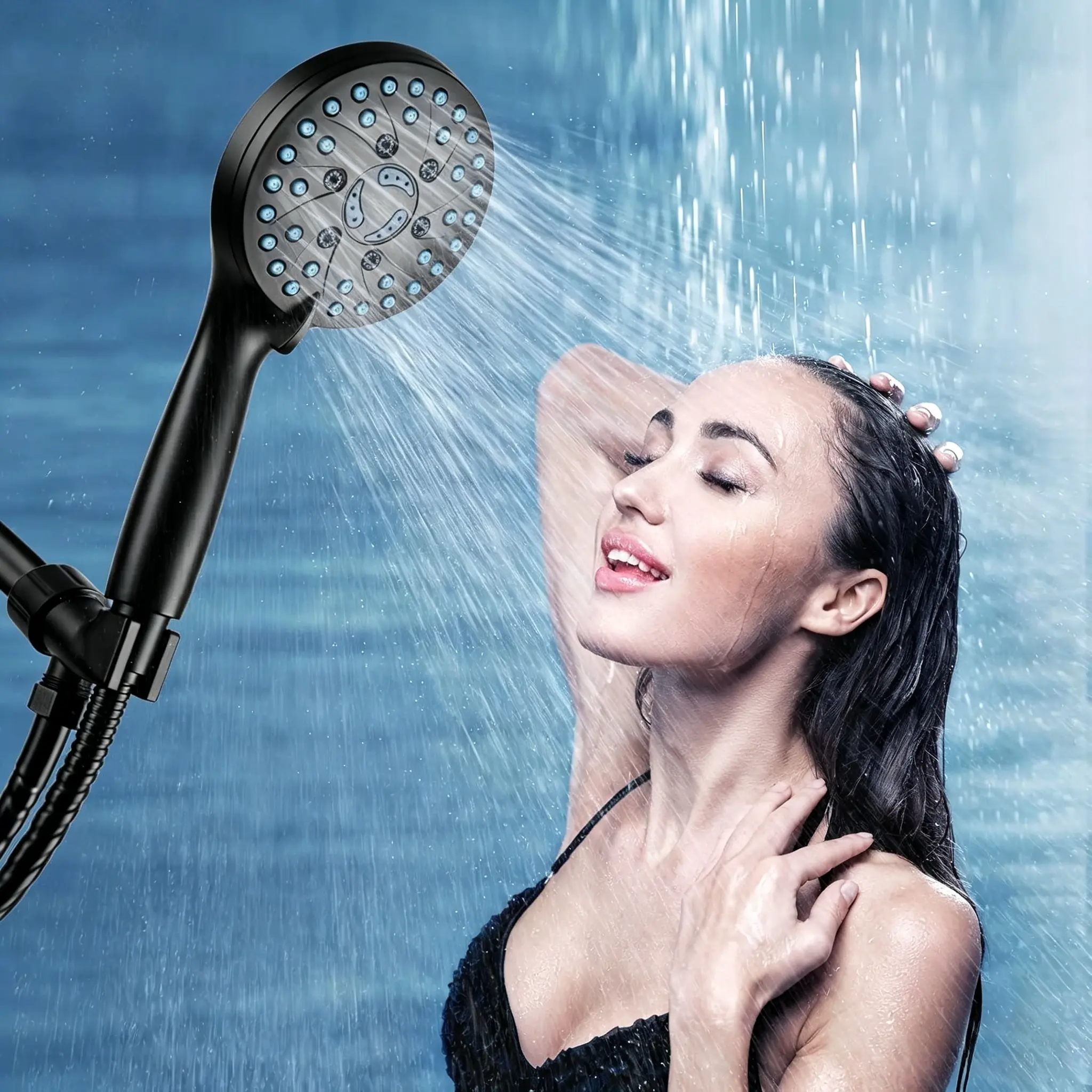 High Pressure Handheld Shower Head 5 Spray Modes, Anti-Clog Nozzle Built-In Power Wash, Stainless Steel Hose with Wall & Overhead Mount Brackets
