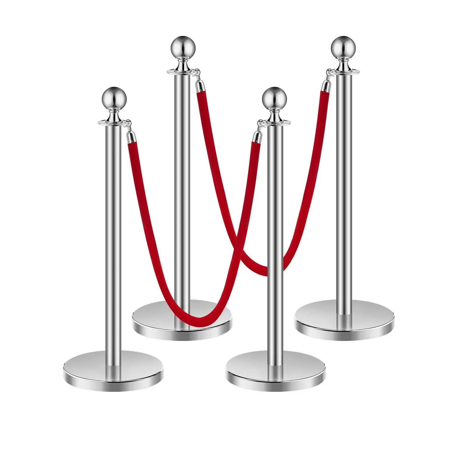 【Summerfinds】VEVOR 4-Piece Stainless Steel Crowd Control Stanchion Set, Hollow Bases, 2 Red Velvet Ropes, Silver Barriers for Wedding, Party Supplies, Red Carpet Runner Use, 4 Pcs 2 Rope