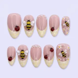 Handmade Bee & Ladybug Press On Nails, Pastel Yellow French Tips, 3D Insect Charms, Cute Daisy Spring Nail Set