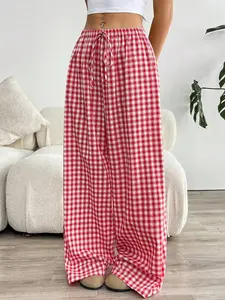 Plus Size Plaid Print Check Wide Leg Pants for Women, Casual Fitted Woven Fabric, All Seasons Comfortable Fit, Moderate Thickness