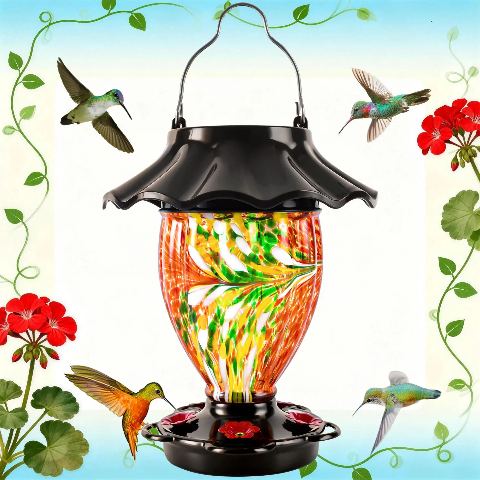 LUJII Solar-Powered Hummingbird Feeder for Bird Lovers - 32oz See-Through Reservoir, Color-Changing Lighting, Hand-Blown Glass Art, Leakproof Metal Design, Waterproof Hanging Lantern, Garden Decor (Red)
