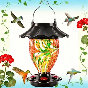LUJII Solar Hummingbird Feeder for Outdoors – Color-Changing Light, Hand-Blown Glass 32oz Reservoir, Never-Leak Design, Waterproof Hanging Lantern for Garden Decor, Perfect Christmas Gifttern for Garden Decor, Unique Gift for Bird Lover (Red)