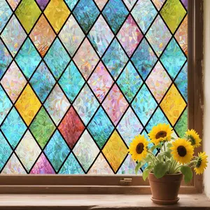 3D Window Film No Glue Privacy for Glass Sticker Static Cling Heat Control Anti UV Non-Adhesive Decorative Rhombus 17.5 Inch x 6.5 Feet