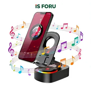 Wireless Induction Speaker Christmas Gift with Bluetooth 5.3, RGB Ambient Light, Foldable Cell Phone Stand, Stereo Sound, Compatible with iPhone/iPad/Android/Samsung Galaxy, Phone Holder Audio Smartphone Black