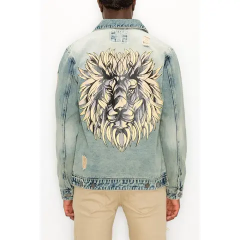 VICTORIOUS Men's Distressed Lion Denim Jacket Casual Classic Long Sleeve Cotton