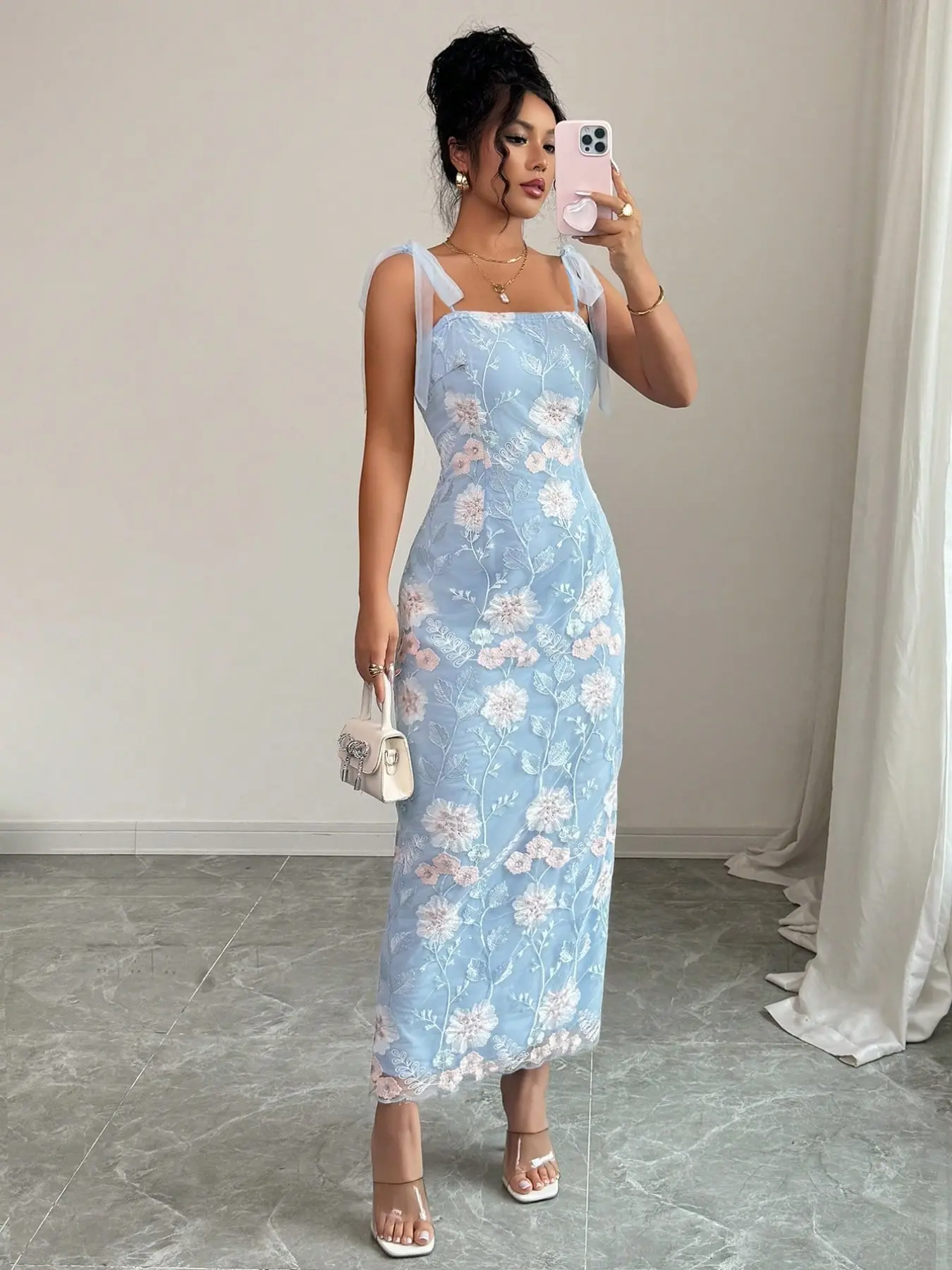 Elegant Women's Mesh Embroidered Floral Butterfly Knot Strap Halter Sleeveless Party Dress, Stylish Evening Gown, Chic Sheer Gown, Perfect for Special Occasions, Formal Wear, Embroidery