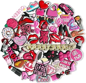 50PCS Pink Shoe Charms Set with Bling Chains, Cute Decorative Accessories for Clogs & Sandals, Gift-Ready Boxed Collection for Girls & Women, Sweet Style Footwear Decor
