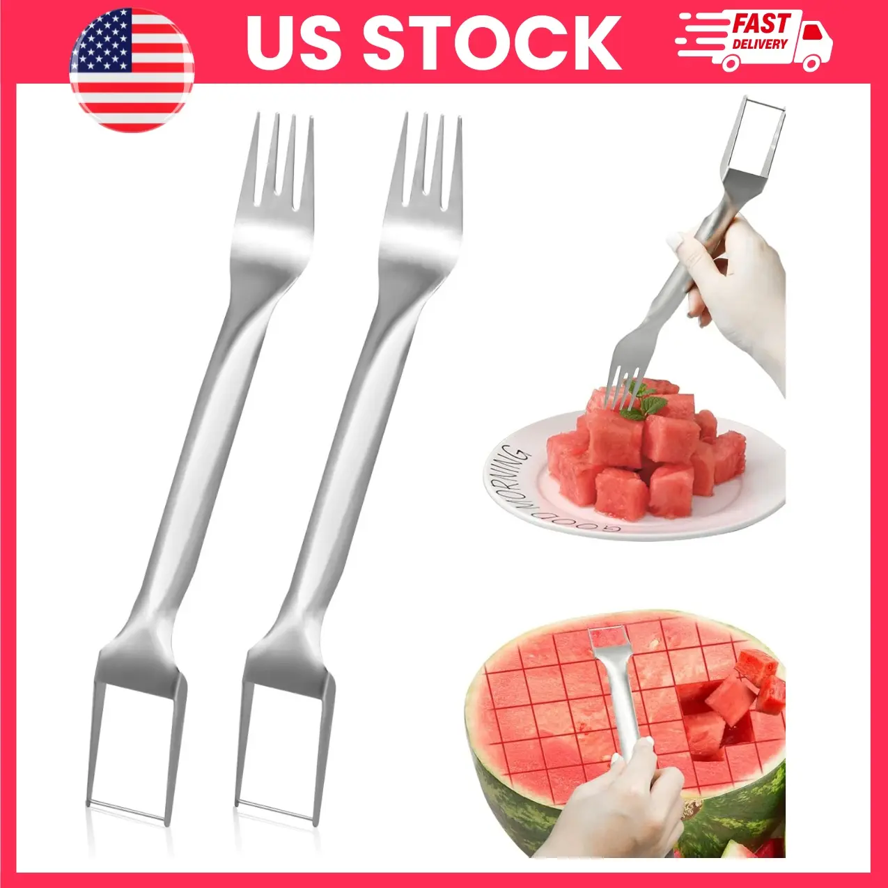 2PCS 2-in-1 Watermelon Fork Slicer Cutter, 304 Stainless Steel Watermelon Cutter & Fruit Fork, Portable Watermelon Cube Slicer Tool for Watermelon, Mango, Fruit Salad, Home Kitchen, Camping & Party | watermelon cube cutter, fruit cutter