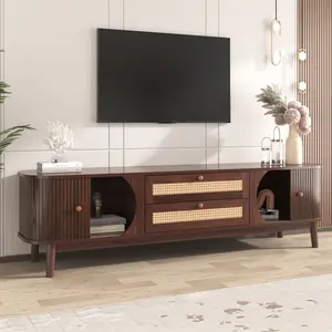 Rattan TV Stand for TVs up to 75-inch Modern Farmhouse Media Console with Solid Wood Legs & Storage Drawer Ideal for Living Room Home Theatre & Bedroom