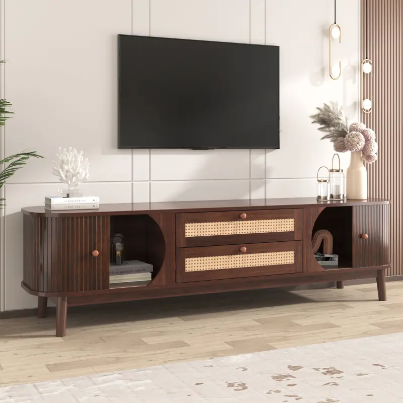 Processed Rattan Modern Farmhouse TV Console Table - Fits 75-in TVs, Solid Wood Legs, Storage Drawer, Shelf, Simple Setup, Ideal for Living Room & Bedroom