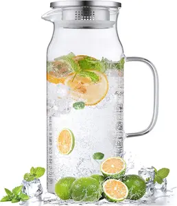 2 Liter 68 oz Glass Pitcher with Lid and Handle, Glass Carafe for Hot/Cold Water, Large Iced Tea Pitcher for Coffee, Juice and Homemade Beverage