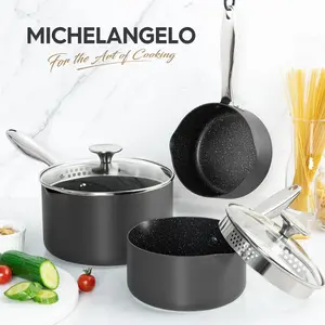 MICHELANGELO 3 Quart Saucepan with Lid, Hard Anodized Nonstick Sauce Pan with Strainer Lid & Pour Spouts, Granite Derived Coating Sauce Pot Cookware