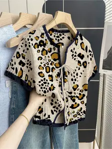 Women's khaki bohemian vacation short-sleeve knit top. Loose round neck, contrast leopard print, front tie and contrast piping. Comfortable for spring & summer casual wear. Womenswear