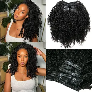 Seamless PU Clip in Hair Extensions Afro Kinky Curly Human Hair 4C Hair Clip in Extensions 7pcs 120g/set 10A Brazilian Virgin Natural Hair Clip Ins for Black Women Natural Black Color