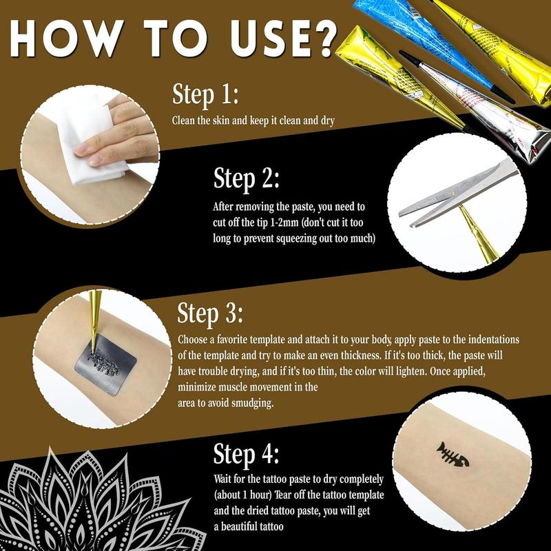 Temporary Tattoo Stencil Kit, 4 Pcs Tattoo Cones 4 Color (Black/Maroon/Cherry Red/Blue) 44 Tattoos Templates and Cotton Swabs, DIY Body Art Skin Painting Designs for Women Men Adult Girl Gifts