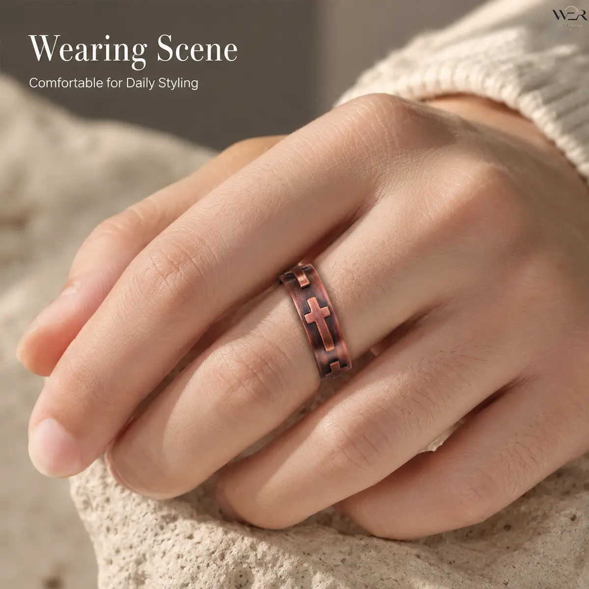 Antique Copper Cross Ring, Unisex Statement Band for Daily Wear, Lightweight Spiritual Jewelry, 19mm Inner Diameter, One Size