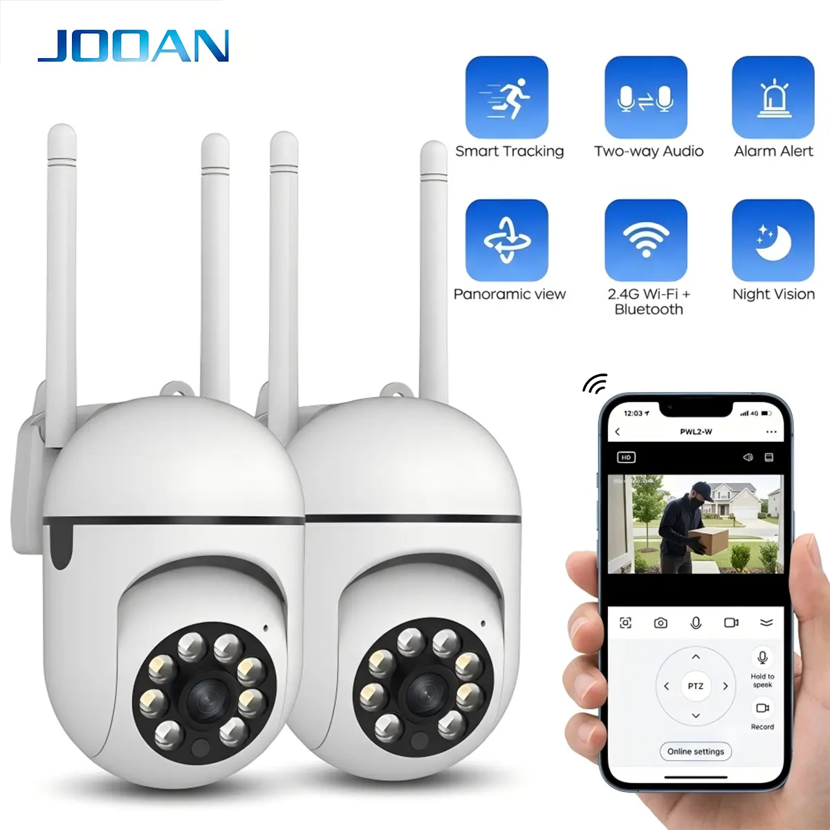 JOOAN Digital 1080p Smart Home Security Camera - 2.4GHz Wi-Fi, Bluetooth, Pan-Tilt Panoramic View, Smart Tracking, Alarm Alert, 2-Way Audio, Night Vision, Remote Access, Easy Installation, Micro SD Support, Sturdy Home Monitoring