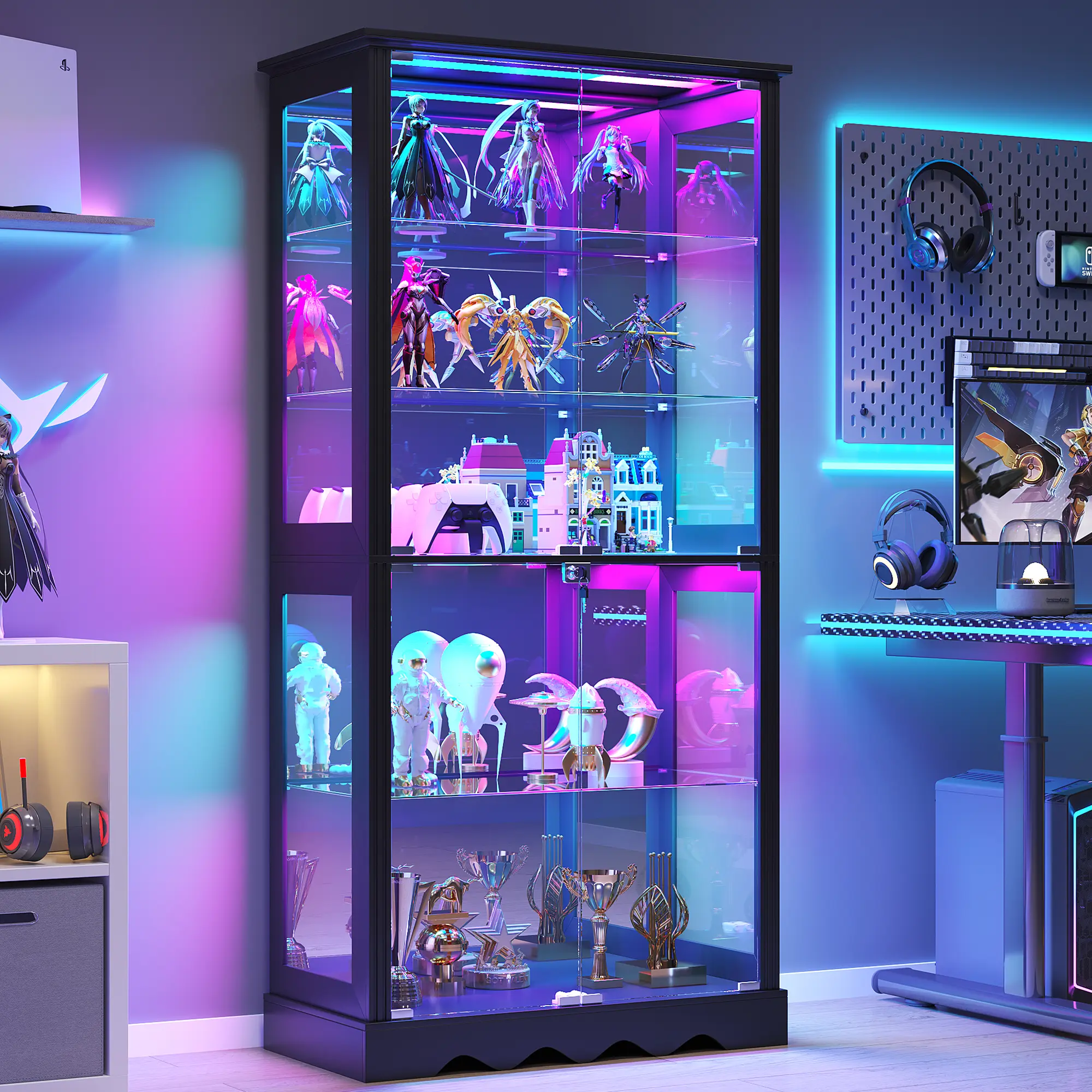 FREDEES Tempered Glass Display Cabinet with RGB Light, 5-Tier Lockable Freestanding Collectible Curio Cabinet with Removable Shelves & Human Sensor, Interior Storage Furniture, Tempered Glass Cabinet