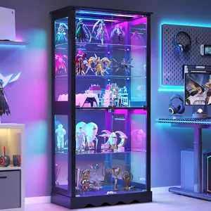 FREDEES Tempered Glass Display Cabinet with RGB Light, 5-Tier Lockable Freestanding Collectible Curio Cabinet with Removable Shelves & Human Sensor, Interior Storage Furniture, Tempered Glass Cabinet