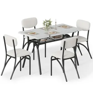 Garvee Modern Rectangular Dining Table Set for 4 with Boucle Chairs, Marble and Beige Finish, Storage Shelf, Ideal for Small Spaces and Kitchen Dining