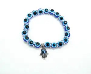 Blue Evil Eye Bracelet Hamsa Stretch Bracelet | 8 or 10mm