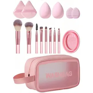 1pc Multi-Functional Zipper Toiletry Makeup Bag, Waterproof,15pcs Makeup Brush Set,2PCS Makeup Sponges,2PCS Triangle Powder Puffs,2PCS Mini Air Cushion Powder Puffs