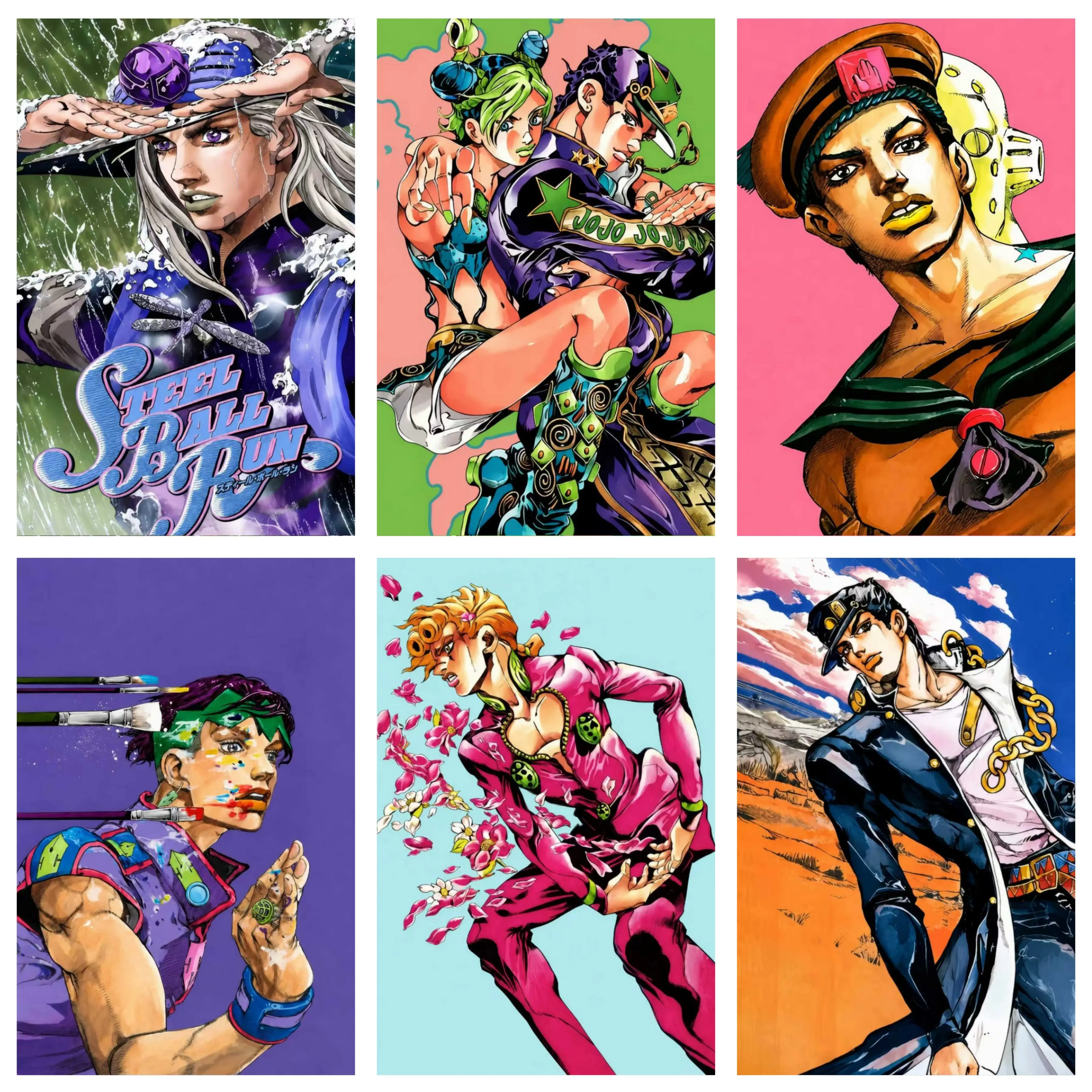 Anime JoJo's Bizarre Adventure Character Canvas Wall Art, Gyro SBR, Jolyne Stone Ocean, Giorno Golden Wind, Jotaro Stardust Crusaders, Rohan Diamond Is Unbreakable, Josuke Jojolion, Aesthetic Anime Room Decor