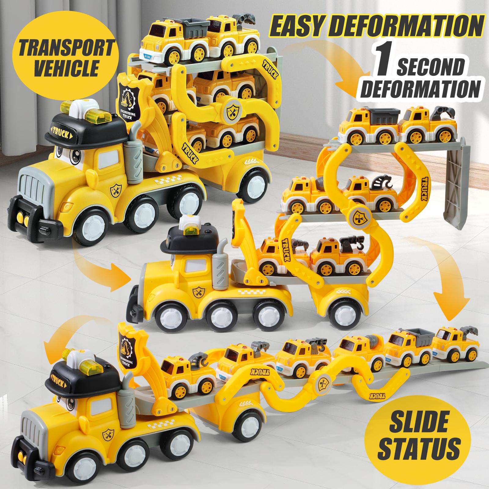 7-in-1 Transporter Car Carrier Truck Toy for Kids with  6 Mini Construction Vehicles, Track, Music, Lights