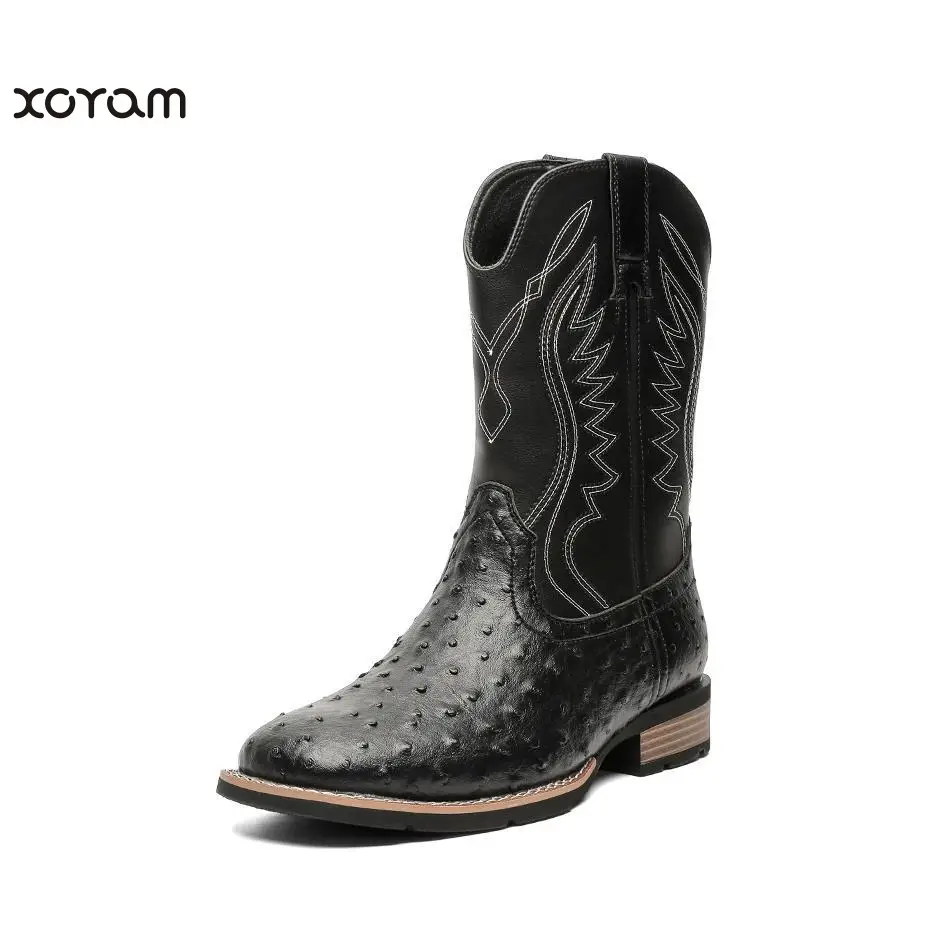 Xoram [Plus Size] Cowboy Boots for Men - Men's Western Boots With Embroidered, Slip Resistant Square Toe Chunky Heel Ankle Boots, Durable and Fashion